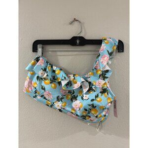 Victoria’s Secret One Shoulder Brazilian Ruffle Bikini Large Blue W/Lemons NWT